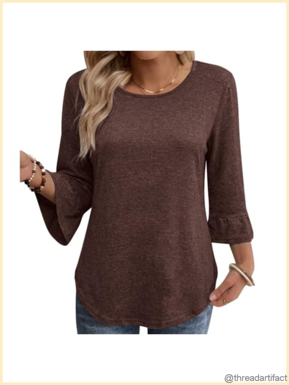 Women's 3/4 Bell Sleeve Ruffle T-Shirt Slim Fit Casual Top